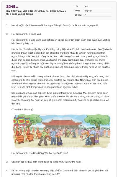 Giải SGK Tiếng Việt 5 Kết nối tri thức Bài 9: Hội thổi cơm thi ở Đồng Vân có đáp án