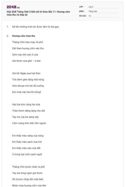 Giải SGK Tiếng Việt 5 Kết nối tri thức Bài 11: Hương cốm mùa thu có đáp án