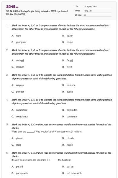 30 đề thi thử thpt quốc gia tiếng anh năm 2020 cực hay có lời giải (Đề số 23)
