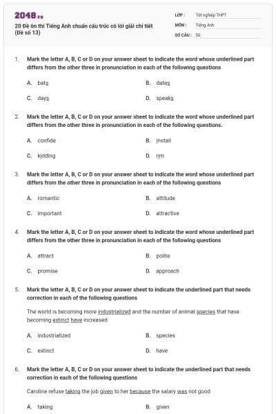 20 Đề ôn thi Tiếng Anh chuẩn cấu trúc có lời giải chi tiết (Đề số 13)