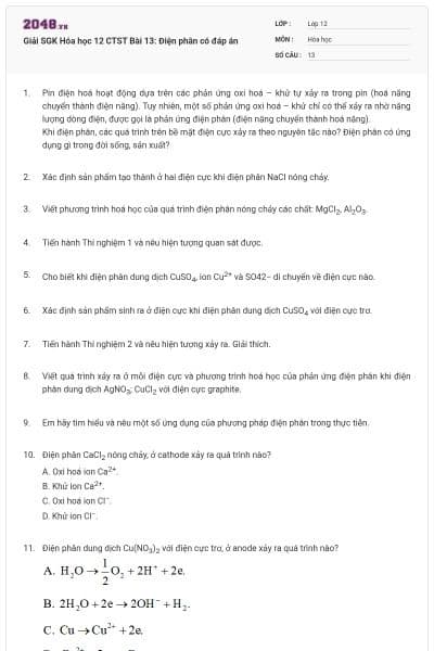 Giải SGK Hóa học 12 CTST Bài 13: Điện phân có đáp án