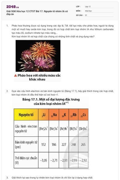 Giải SGK Hóa học 12 CTST Bài 17. Nguyên tố nhóm IA có đáp án