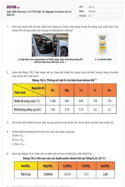 Giải SGK Hóa học 12 CTST Bài 18: Nguyên tố nhóm IIA có đáp án