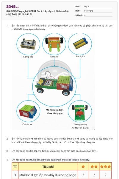 Giải SGK Công nghệ 5 CTST Bài 7. Lắp ráp mô hình xe điện chạy bằng pin có đáp án