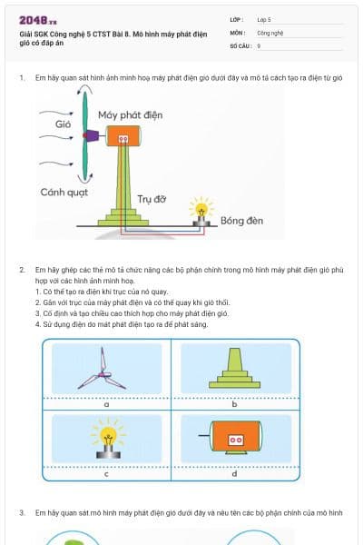 Giải SGK Công nghệ 5 CTST Bài 8. Mô hình máy phát điện gió có đáp án