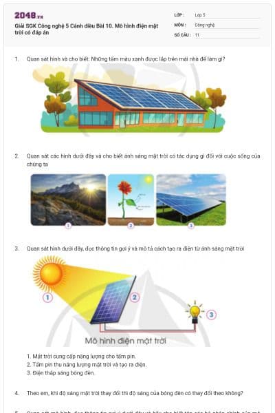 Giải SGK Công nghệ 5 Cánh diều Bài 10. Mô hình điện mặt trời có đáp án