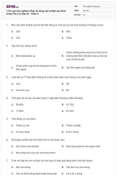 110+ câu trắc nghiệm Phúc lợi động vật và Một sức khỏe trong Thú y có đáp án - Phần 3