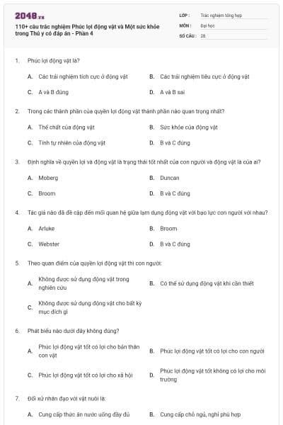 110+ câu trắc nghiệm Phúc lợi động vật và Một sức khỏe trong Thú y có đáp án - Phần 4