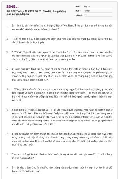 Giải SGK Tin học 12 CTST Bài D1. Giao tiếp trong không gian mạng có đáp án