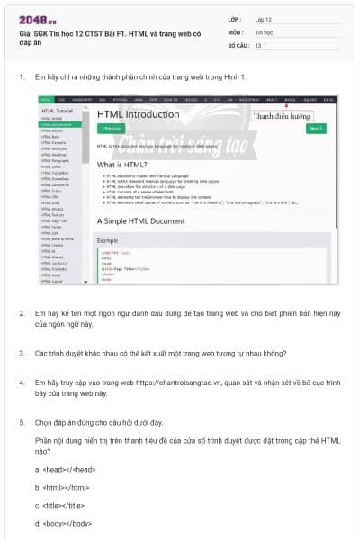 Giải SGK Tin học 12 CTST Bài F1. HTML và trang web có đáp án
