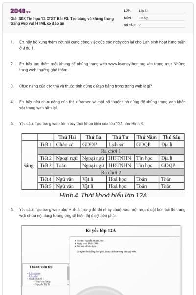Giải SGK Tin học 12 CTST Bài F3. Tạo bảng và khung trong trang web với HTML có đáp án