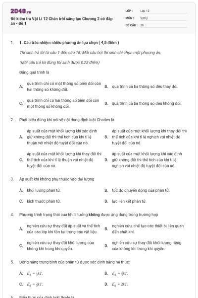 Đề kiểm tra Vật Lí 12 Chân trời sáng tạo Chương 2 có đáp án - Đề 1