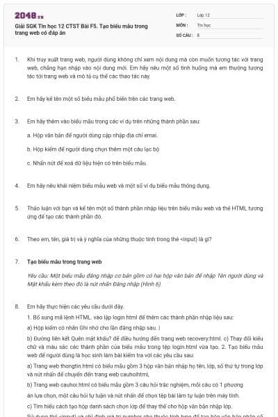 Giải SGK Tin học 12 CTST Bài F5. Tạo biểu mẫu trong trang web có đáp án