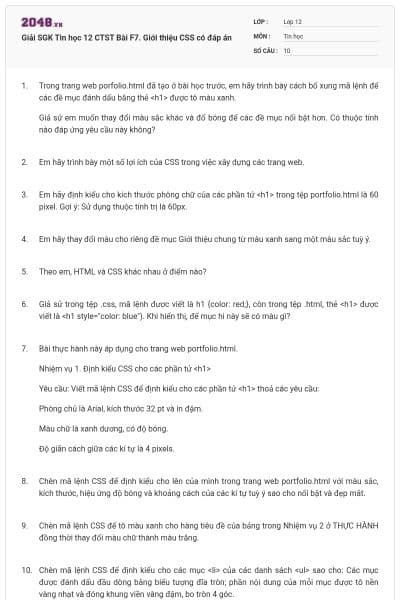 Giải SGK Tin học 12 CTST Bài F7. Giới thiệu CSS có đáp án