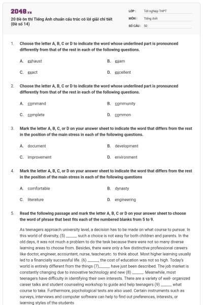 20 Đề ôn thi Tiếng Anh chuẩn cấu trúc có lời giải chi tiết (Đề số 14)