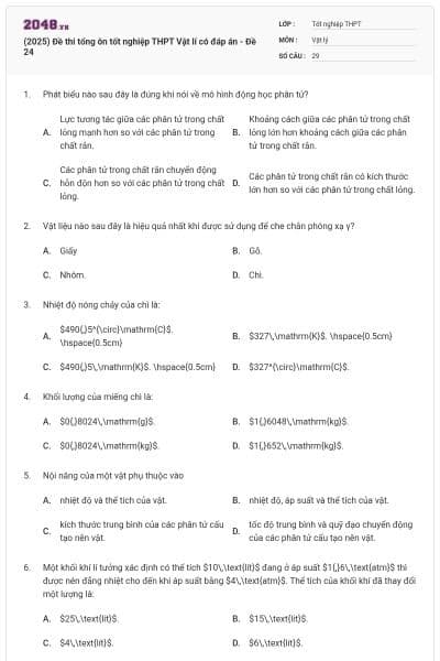 (2025) Đề thi tổng ôn tốt nghiệp THPT Vật lí có đáp án - Đề 24