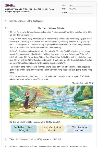 Giải SGK Tiếng Việt 5 Kết nối tri thức Bài 13: Đàn t’rưng – tiếng ca đại ngàn có đáp án