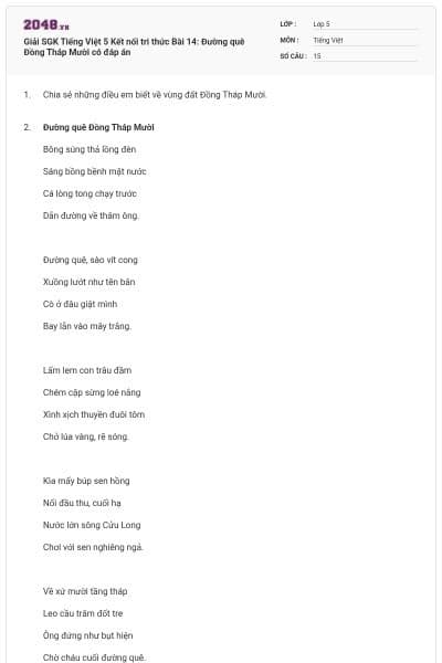 Giải SGK Tiếng Việt 5 Kết nối tri thức Bài 14: Đường quê Đồng Tháp Mười có đáp án