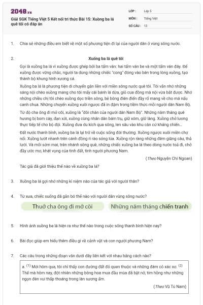 Giải SGK Tiếng Việt 5 Kết nối tri thức Bài 15: Xuồng ba lá quê tôi có đáp án