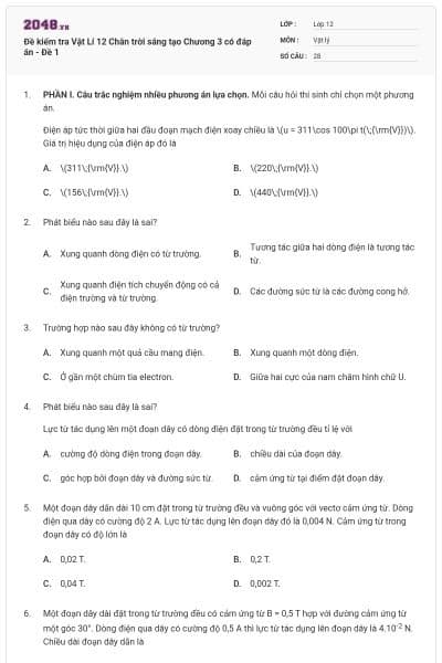 Đề kiểm tra Vật Lí 12 Chân trời sáng tạo Chương 3 có đáp án - Đề 1