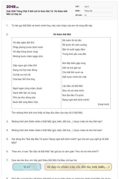 Giải SGK Tiếng Việt 5 Kết nối tri thức Bài 16: Về thăm Đất Mũi có đáp án