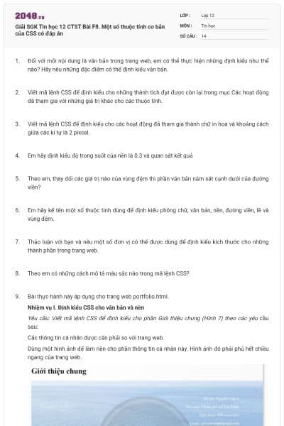 Giải SGK Tin học 12 CTST Bài F8. Một số thuộc tính cơ bản của CSS có đáp án