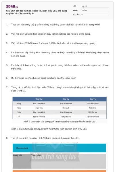 Giải SGK Tin học 12 CTST Bài F11. Định kiểu CSS cho bảng và phần tử <DIV> có đáp án