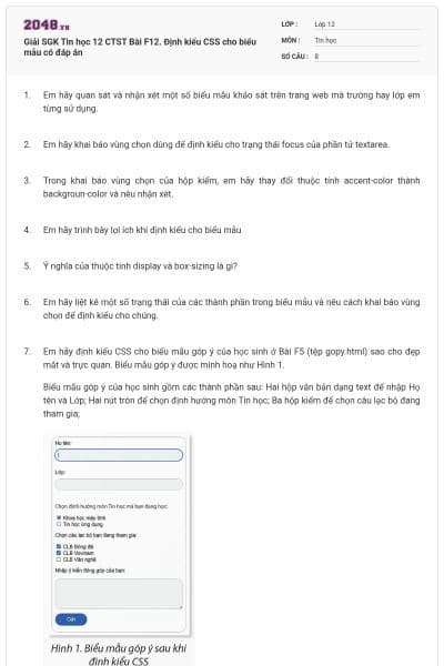 Giải SGK Tin học 12 CTST Bài F12. Định kiểu CSS cho biểu mẫu có đáp án