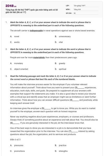 Tổng hợp đề thi thử THPT quốc gia môn tiếng anh có lời giải chi tiết (Đề số 17)