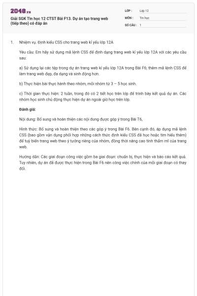 Giải SGK Tin học 12 CTST Bài F13. Dự án tạo trang web (tiếp theo) có đáp án