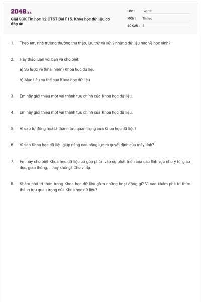 Giải SGK Tin học 12 CTST Bài F15. Khoa học dữ liệu có đáp án
