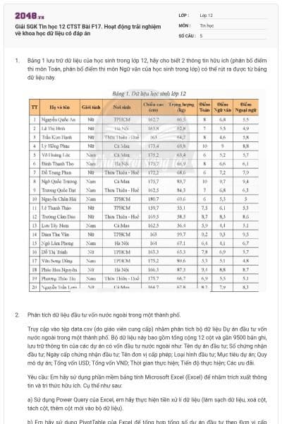Giải SGK Tin học 12 CTST Bài F17. Hoạt động trải nghiệm về khoa học dữ liệu có đáp án