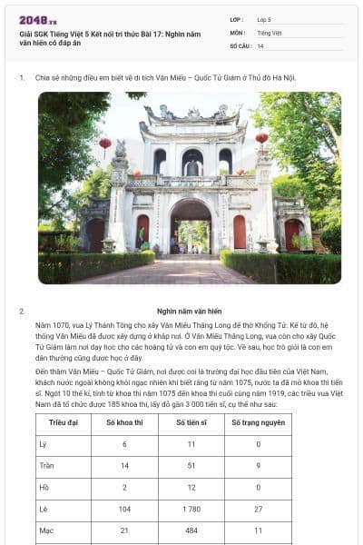 Giải SGK Tiếng Việt 5 Kết nối tri thức Bài 17: Nghìn năm văn hiến có đáp án