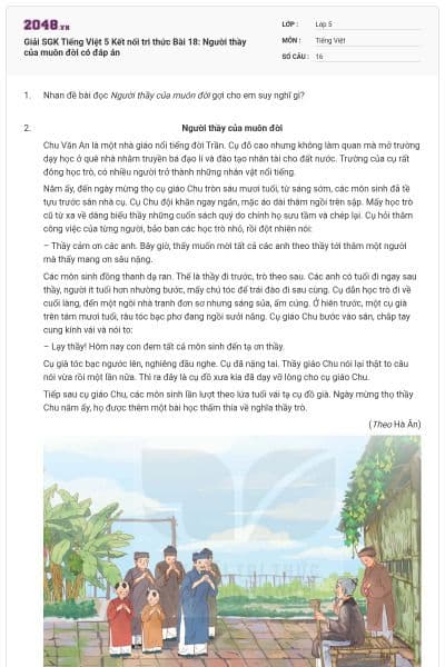 Giải SGK Tiếng Việt 5 Kết nối tri thức Bài 18: Người thầy của muôn đời có đáp án