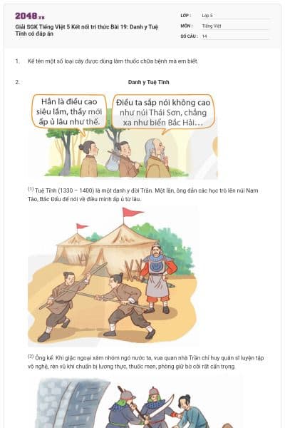 Giải SGK Tiếng Việt 5 Kết nối tri thức Bài 19: Danh y Tuệ Tĩnh có đáp án