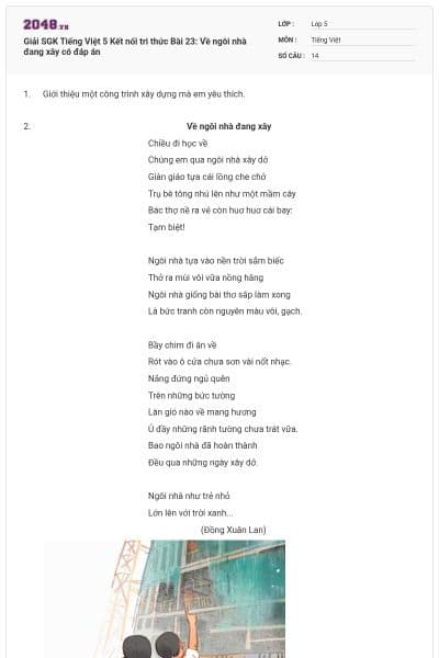 Giải SGK Tiếng Việt 5 Kết nối tri thức Bài 23: Về ngôi nhà đang xây có đáp án