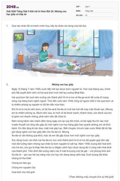 Giải SGK Tiếng Việt 5 Kết nối tri thức Bài 26: Những con hạc giấy có đáp án