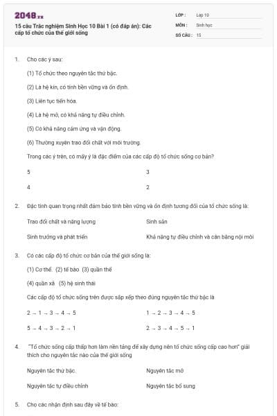15 câu Trắc nghiệm Sinh Học 10 Bài 1 (có đáp án): Các cấp tổ chức của thế giới sống
