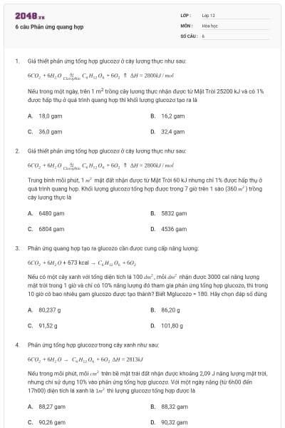 6 câu Phản ứng quang hợp