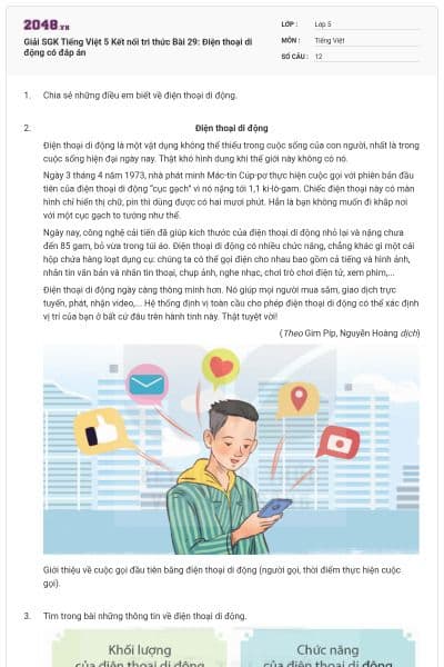 Giải SGK Tiếng Việt 5 Kết nối tri thức Bài 29: Điện thoại di động có đáp án