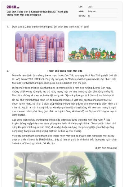 Giải SGK Tiếng Việt 5 Kết nối tri thức Bài 30: Thành phố thông minh Mát-xđa có đáp án