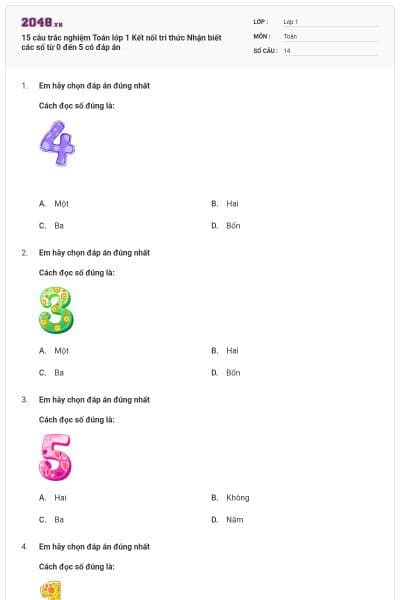 15 câu trắc nghiệm Toán lớp 1 Kết nối tri thức Nhận biết các số từ 0 đến 5 có đáp án