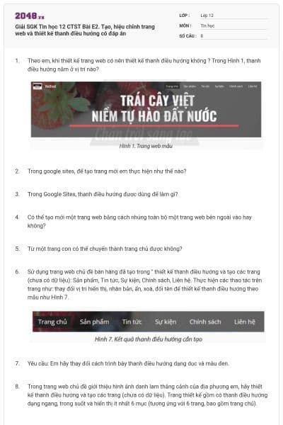 Giải SGK Tin học 12 CTST Bài E2. Tạo, hiệu chỉnh trang web và thiết kế thanh điều hướng có đáp án