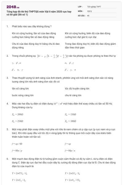 Tổng hợp đề thi thử THPTQG môn Vật lí năm 2020 cực hay có lời giải (Đề số 1)