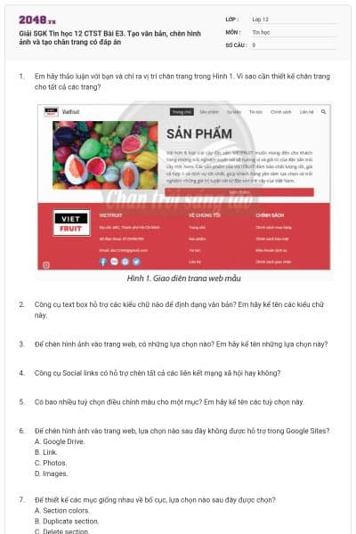 Giải SGK Tin học 12 CTST Bài E3. Tạo văn bản, chèn hình ảnh và tạo chân trang có đáp án