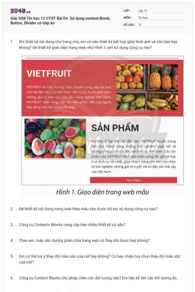 Giải SGK Tin học 12 CTST Bài E4. Sử dụng content Block, Button, Divider có đáp án