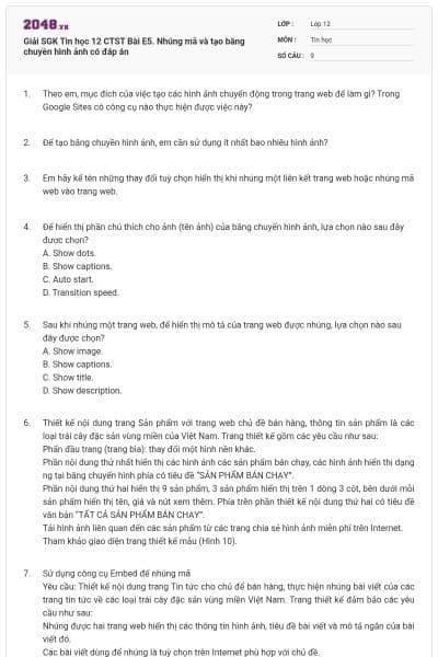 Giải SGK Tin học 12 CTST Bài E5. Nhúng mã và tạo băng chuyền hình ảnh có đáp án