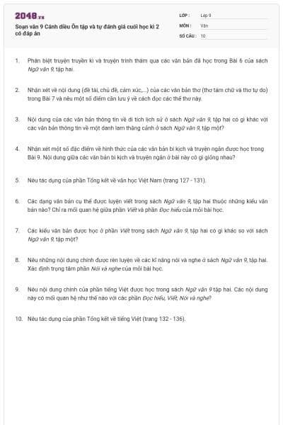 Soạn văn 9 Cánh diều Ôn tập và tự đánh giá cuối học kì 2 có đáp án