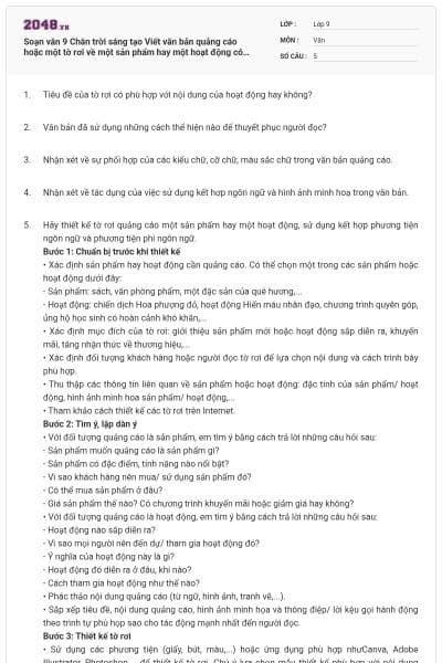 Soạn văn 9 Chân trời sáng tạo Viết văn bản quảng cáo hoặc một tờ rơi về một sản phẩm hay một hoạt động có đáp án