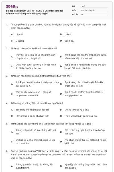 Bài tập trắc nghiệm Cuối kì 1 GDCD 8 Chân trời sáng tạo cấu trúc mới có đáp án - Bài tập tự luyện